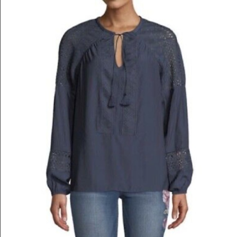 Women’s Navy Long-Sleeve Peasant Blouse with Tie Neck